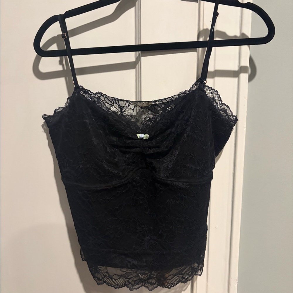 Free People Black Lace Trim Cami with Floral Accent